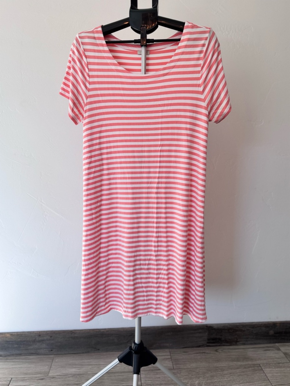 Talbots Coral & White Striped Midi Short Sleeve T-Shirt Dress Size Large